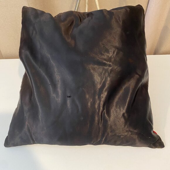 Vintage Brown Satin Pillow – Hand Embroidered Deer Forest Cabin 13x13 - Picture 6 of 7